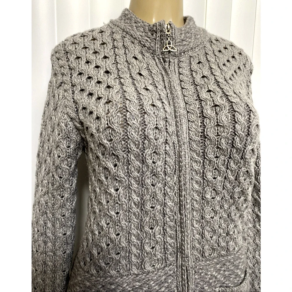 Aran Crafts Irish Cable Knit Sweater Coat Zip Fisherman Wool Gray Cardigan S
